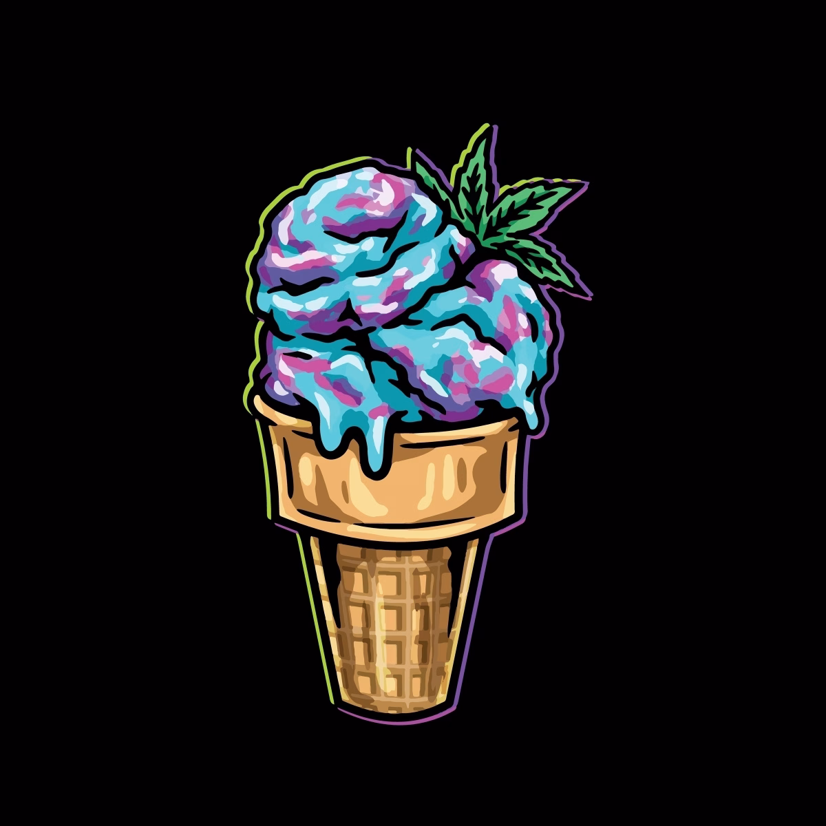 Colorful ice cream cone illustration with blue and purple swirls, topped with a green cannabis leaf