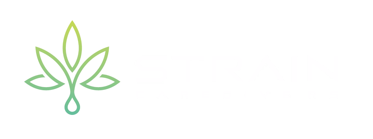 Logo for Strain Caregivers featuring a stylized green leaf and modern white text on a black background