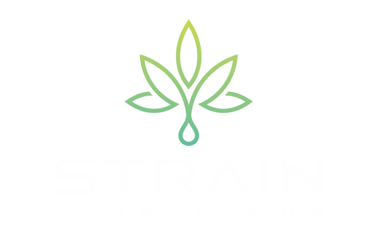 Logo for Strain Caregivers featuring a green leaf design above modern white text on a black background