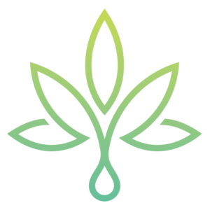 Minimalist green gradient logo featuring five stylized leaves and a central droplet